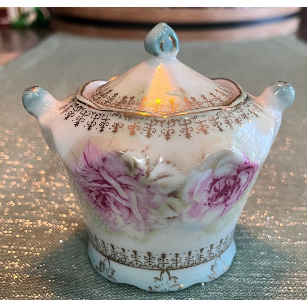 Vintage Lefton Misty Rose Jam Jar Sugar Bowl Porcelain with Lid Gold Trim